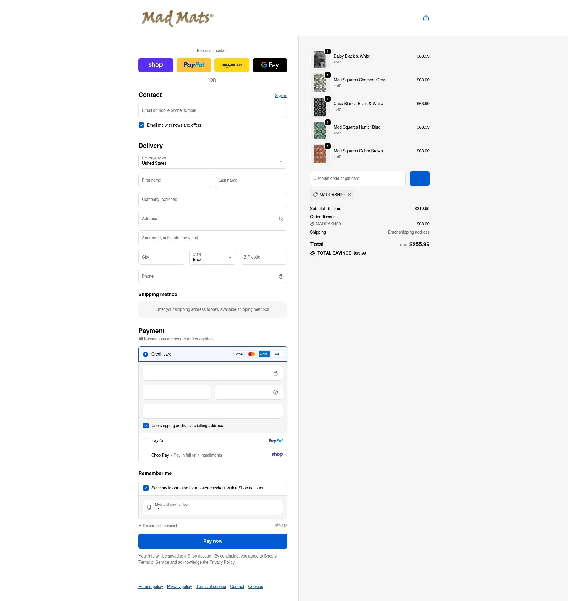 Mad Mats checkout page showing Mad Mats discount code box | Screenshot taken by SimplyCodes community member on Dec 5, 2025