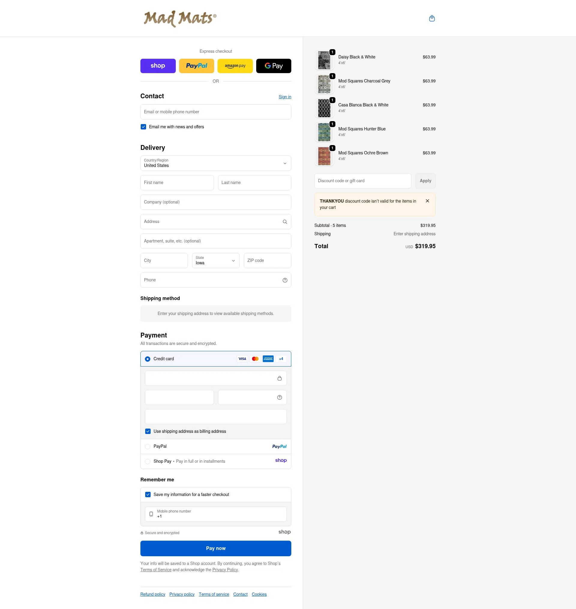 Mad Mats checkout page showing Mad Mats discount code box | Screenshot taken by SimplyCodes community member on Dec 16, 2025