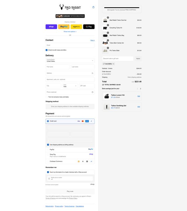 Mad Rabbit Tattoo checkout page showing Mad Rabbit Tattoo discount code box | Screenshot taken by SimplyCodes community member on Sep 13, 2025
