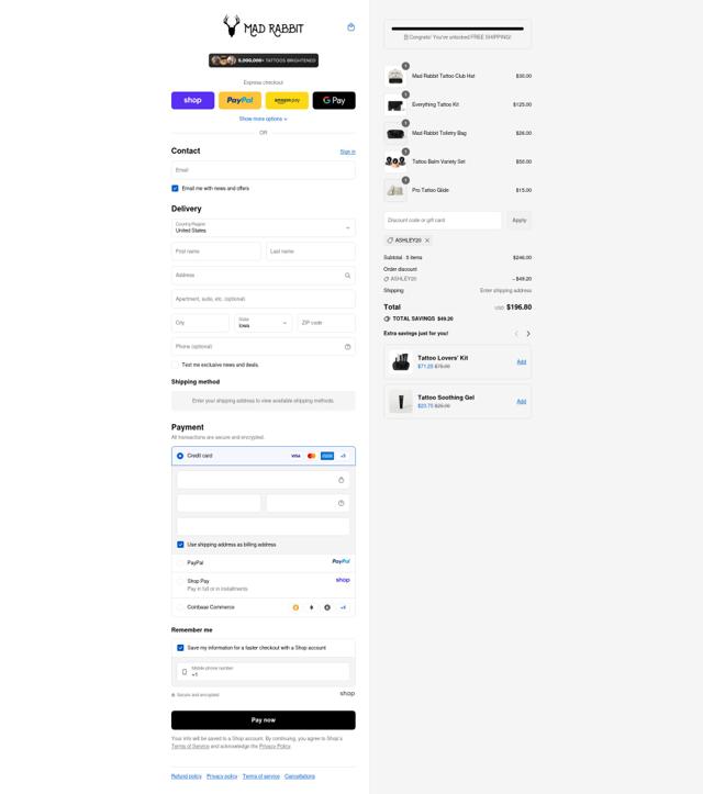 Mad Rabbit Tattoo checkout page showing Mad Rabbit Tattoo discount code box | Screenshot taken by SimplyCodes community member on Sep 13, 2025