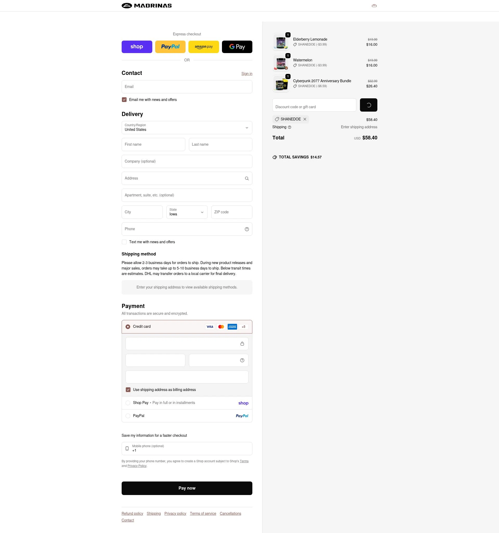 Madrinas checkout page showing Madrinas discount code box | Screenshot taken by SimplyCodes community member on Feb 3, 2026