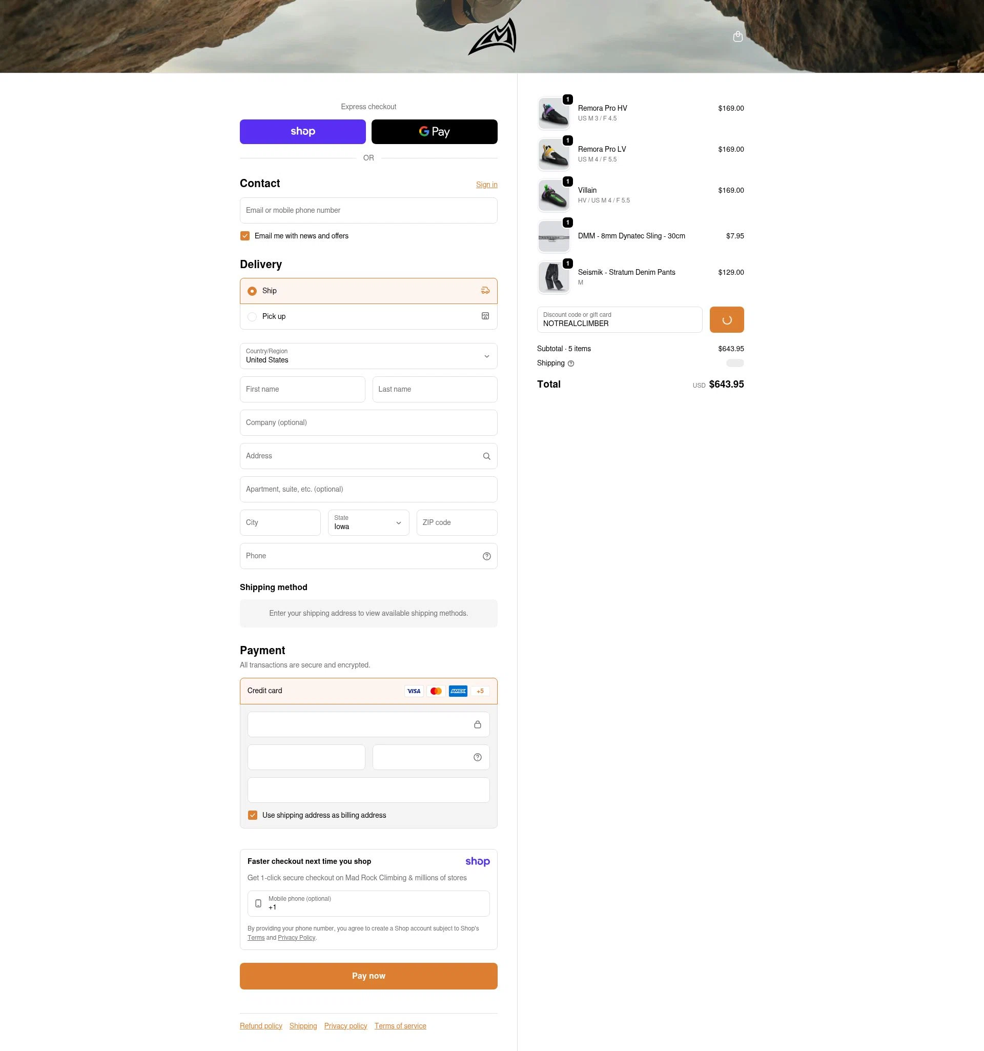 Mad Rock checkout page showing Mad Rock discount code box | Screenshot taken by SimplyCodes community member on Jan 13, 2026