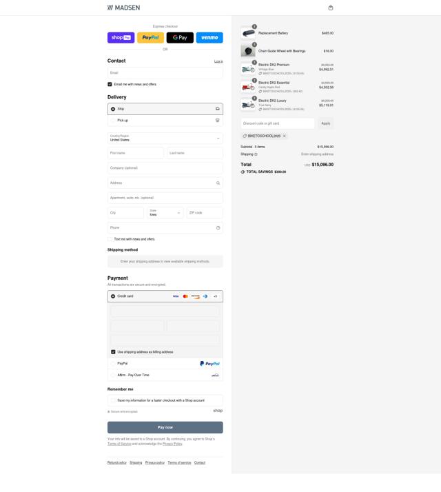 MADSEN Cycles checkout page showing MADSEN Cycles discount code box | Screenshot taken by SimplyCodes community member on Aug 3, 2025