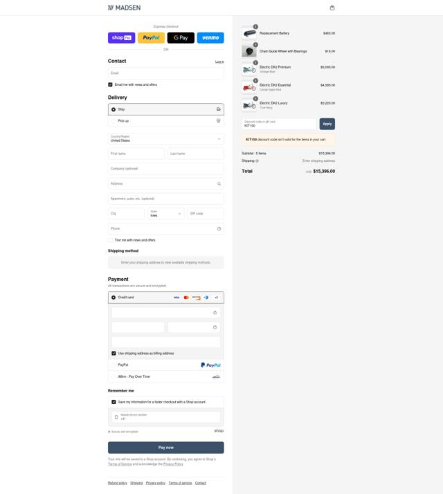 MADSEN Cycles checkout page showing MADSEN Cycles discount code box | Screenshot taken by SimplyCodes community member on Aug 11, 2025