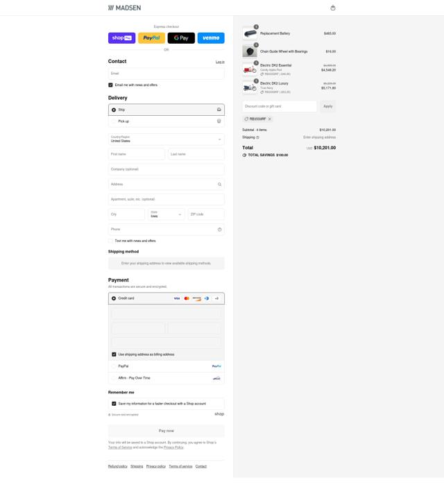 MADSEN Cycles checkout page showing MADSEN Cycles discount code box | Screenshot taken by SimplyCodes community member on Aug 15, 2025