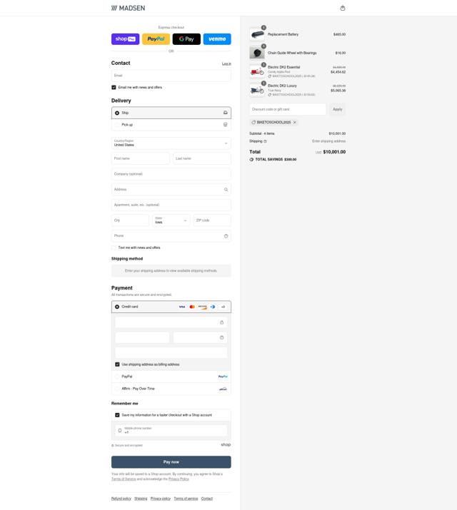 MADSEN Cycles checkout page showing MADSEN Cycles discount code box | Screenshot taken by SimplyCodes community member on Aug 15, 2025