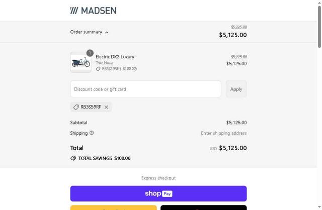 MADSEN Cycles checkout page showing MADSEN Cycles discount code box | Screenshot taken by SimplyCodes community member on Aug 12, 2025