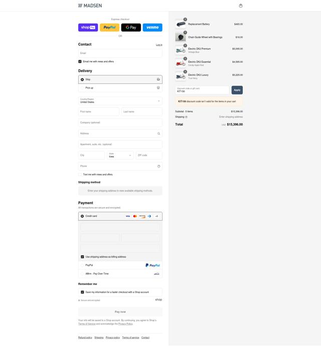 MADSEN Cycles checkout page showing MADSEN Cycles discount code box | Screenshot taken by SimplyCodes community member on Aug 3, 2025