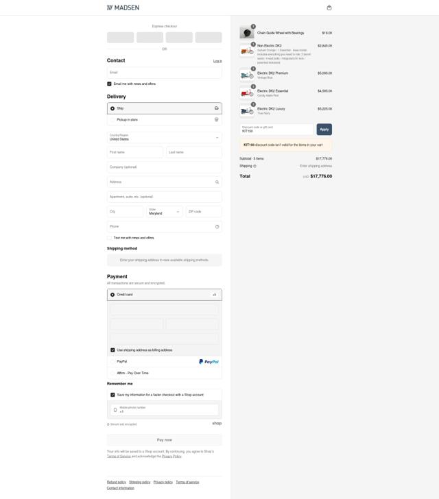 MADSEN Cycles checkout page showing MADSEN Cycles discount code box | Screenshot taken by SimplyCodes community member on Jun 30, 2025