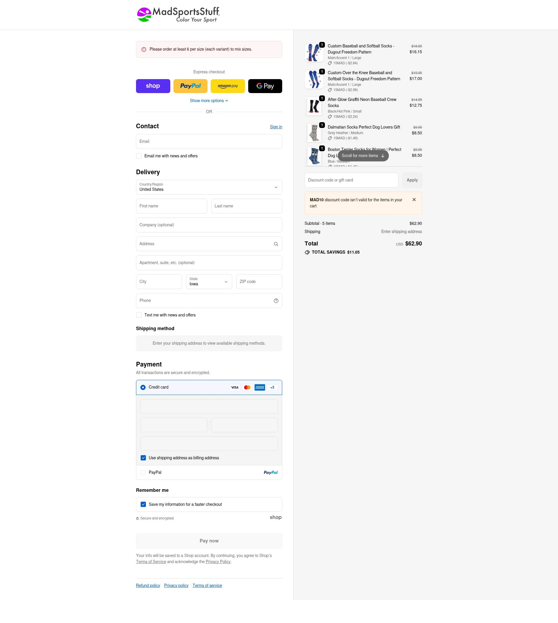 MadSportsStuff checkout page showing MadSportsStuff coupon code box | Screenshot taken by SimplyCodes community member on Jan 30, 2026