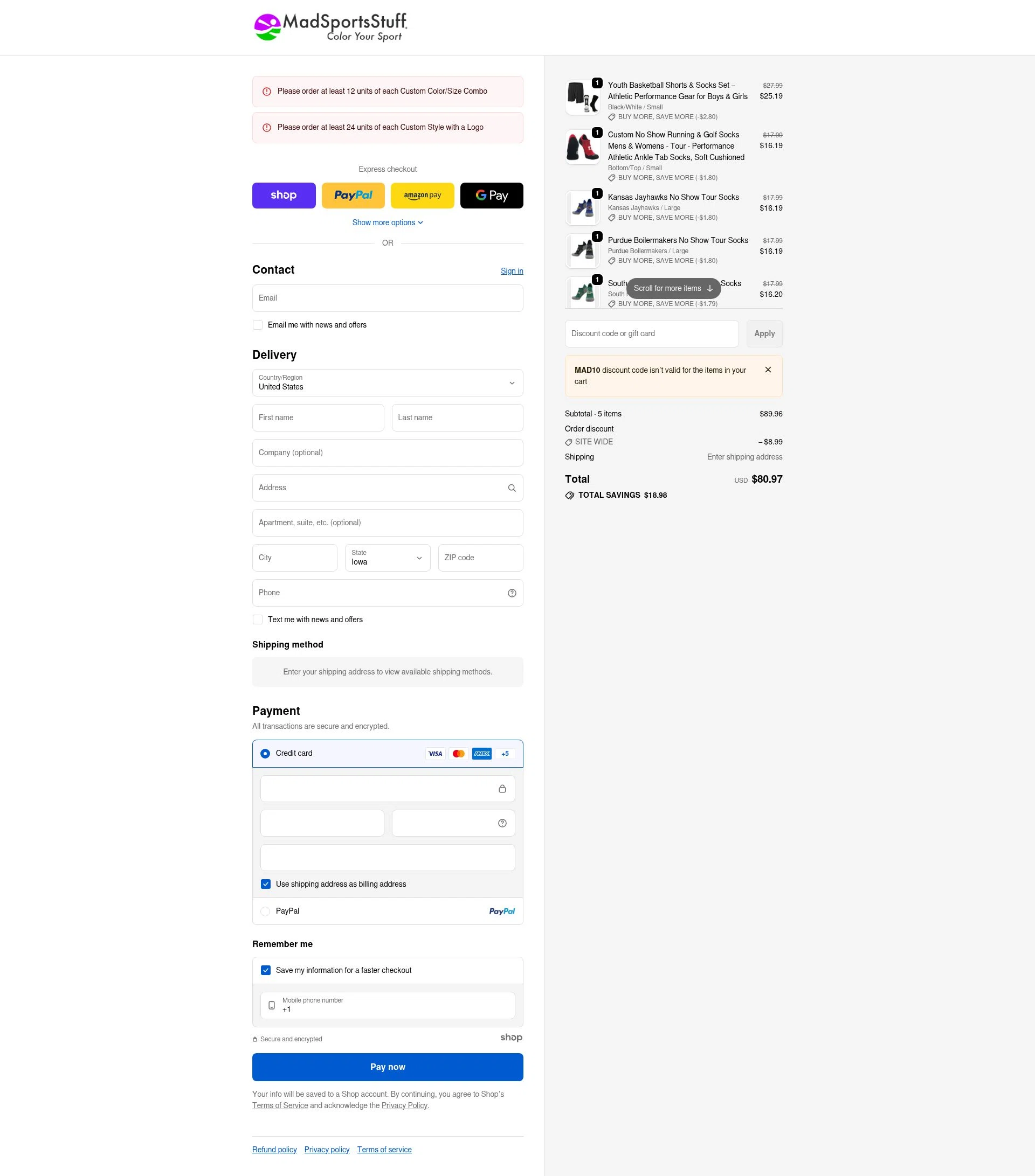 MadSportsStuff checkout page showing MadSportsStuff coupon code box | Screenshot taken by SimplyCodes community member on Dec 27, 2025
