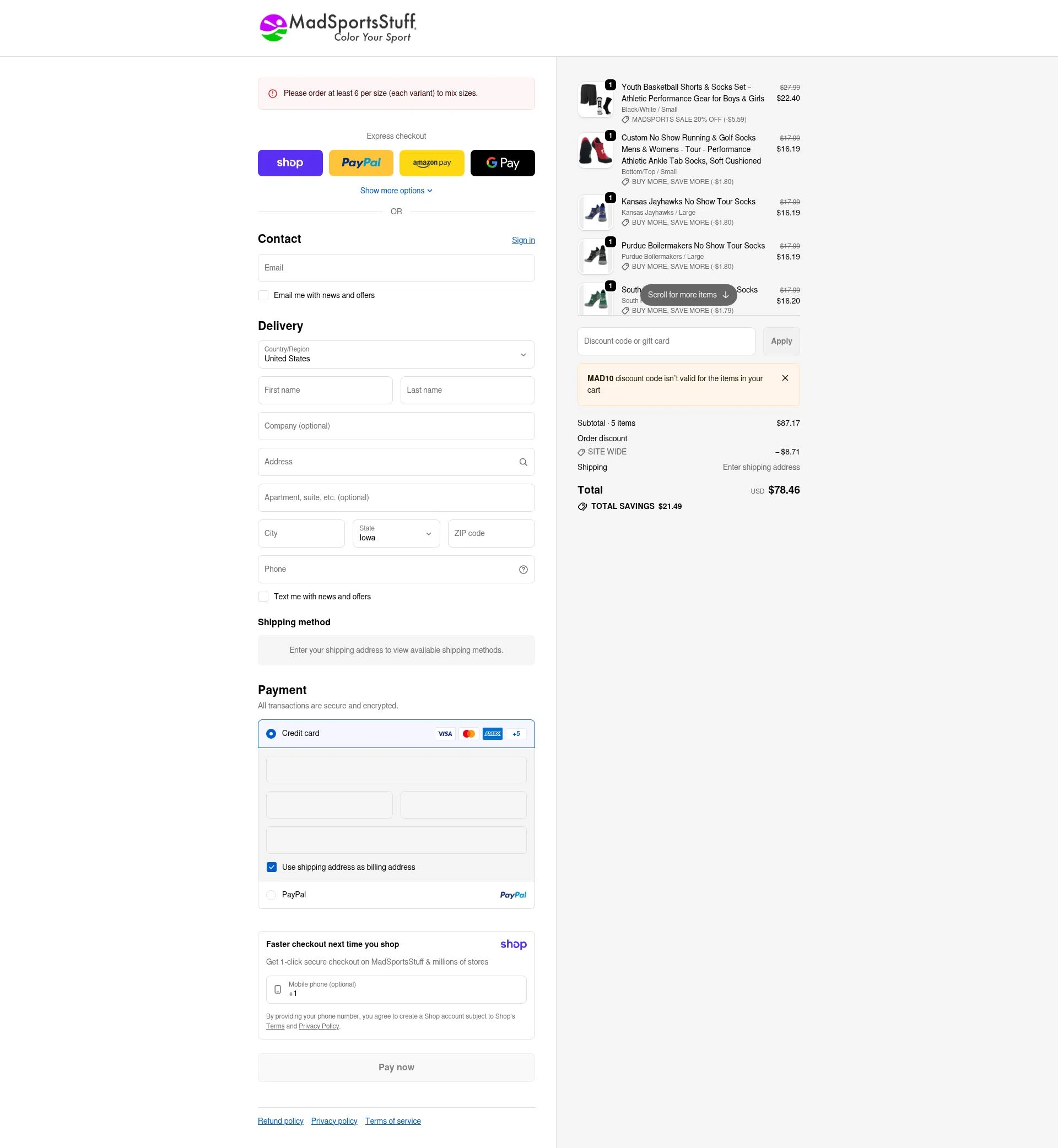 MadSportsStuff checkout page showing MadSportsStuff coupon code box | Screenshot taken by SimplyCodes community member on Jan 16, 2026