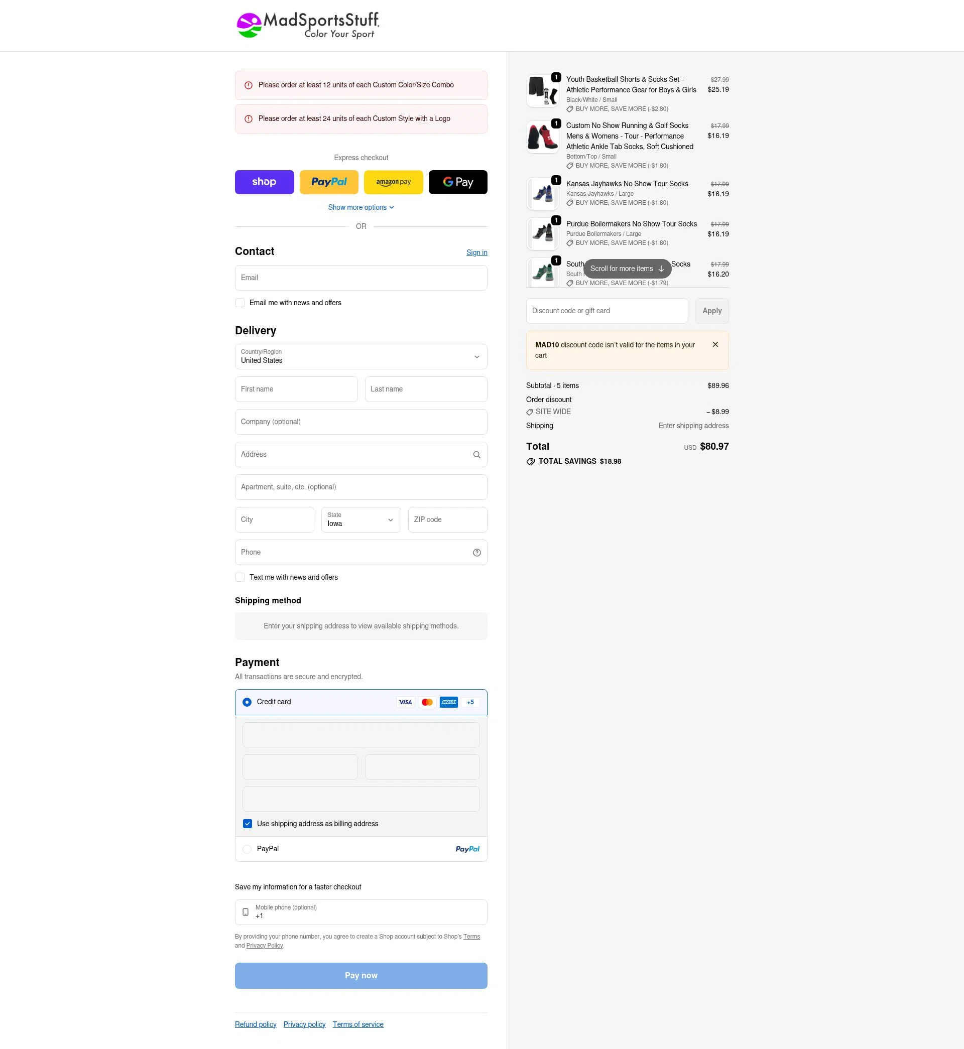 MadSportsStuff checkout page showing MadSportsStuff coupon code box | Screenshot taken by SimplyCodes community member on Jan 11, 2026