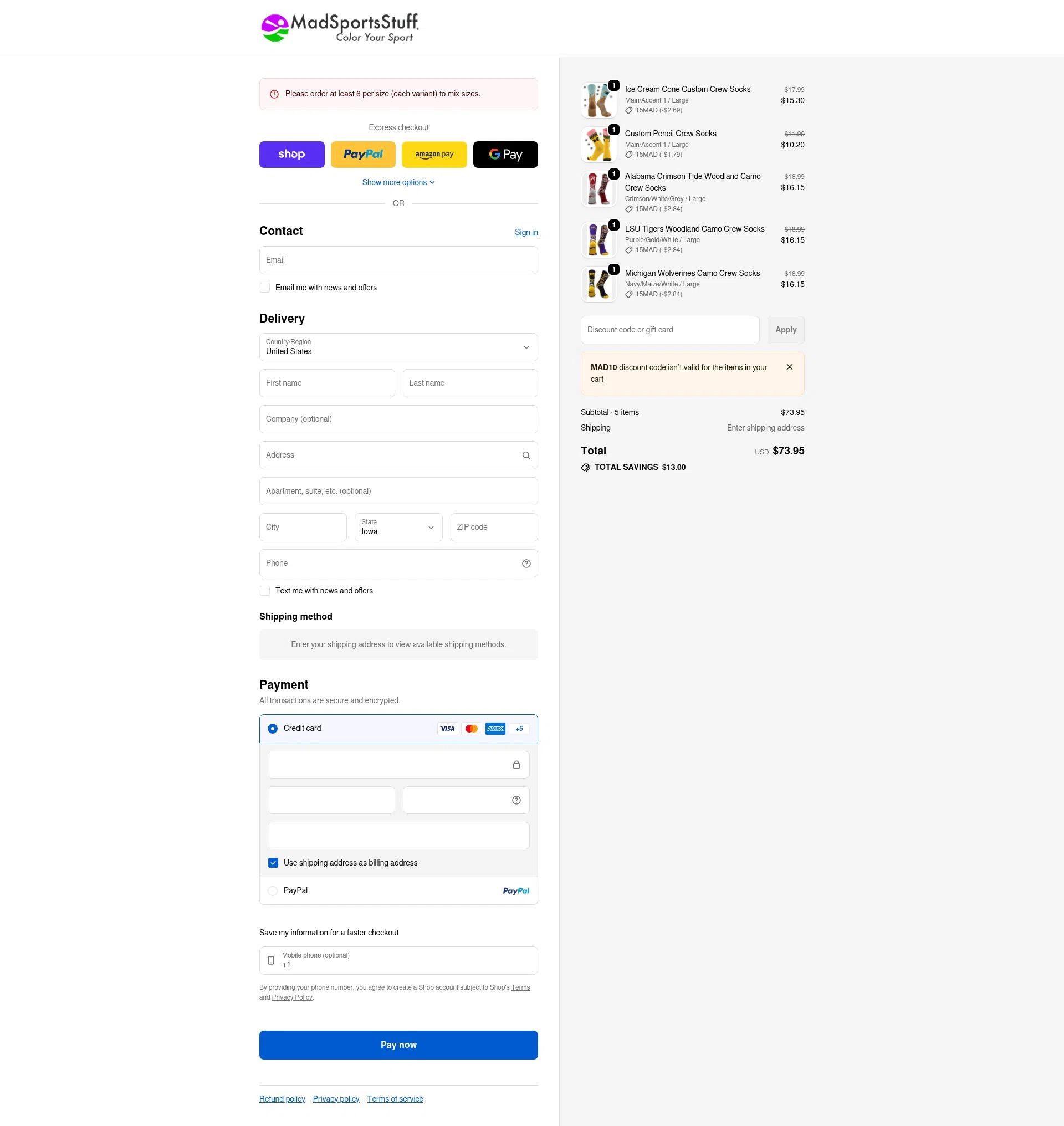 MadSportsStuff checkout page showing MadSportsStuff coupon code box | Screenshot taken by SimplyCodes community member on Feb 3, 2026