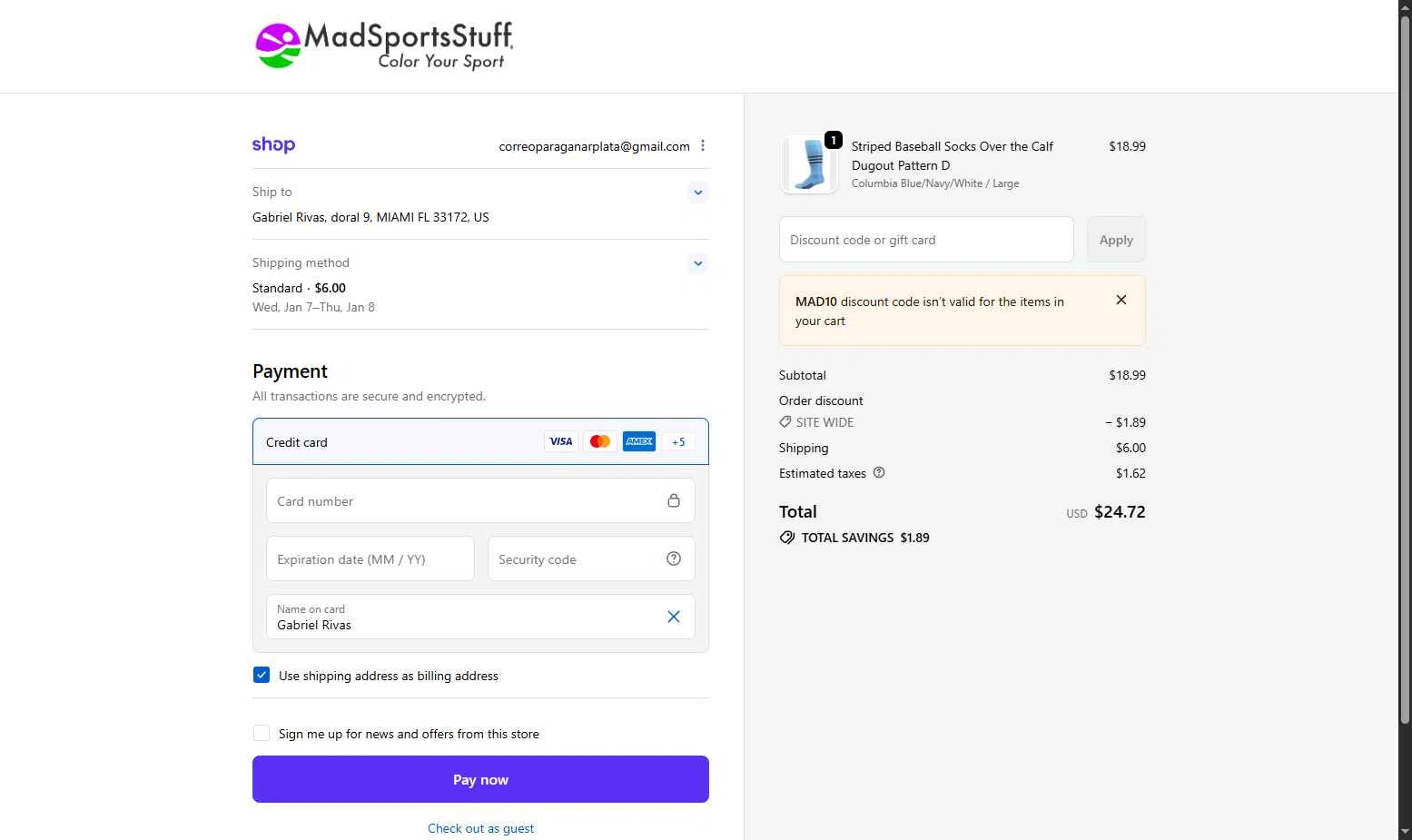 MadSportsStuff checkout page showing MadSportsStuff coupon code box | Screenshot taken by SimplyCodes community member on Jan 1, 2026