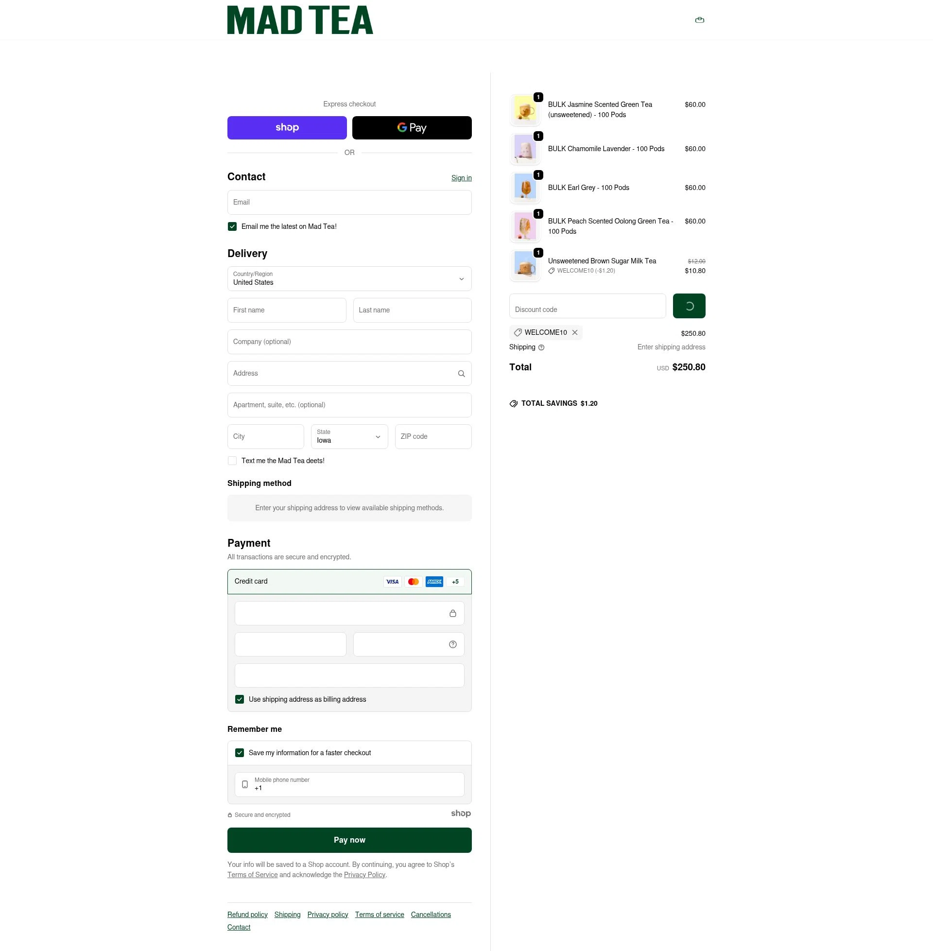 MAD TEA checkout page showing MAD TEA discount code box | Screenshot taken by SimplyCodes community member on Jan 2, 2026