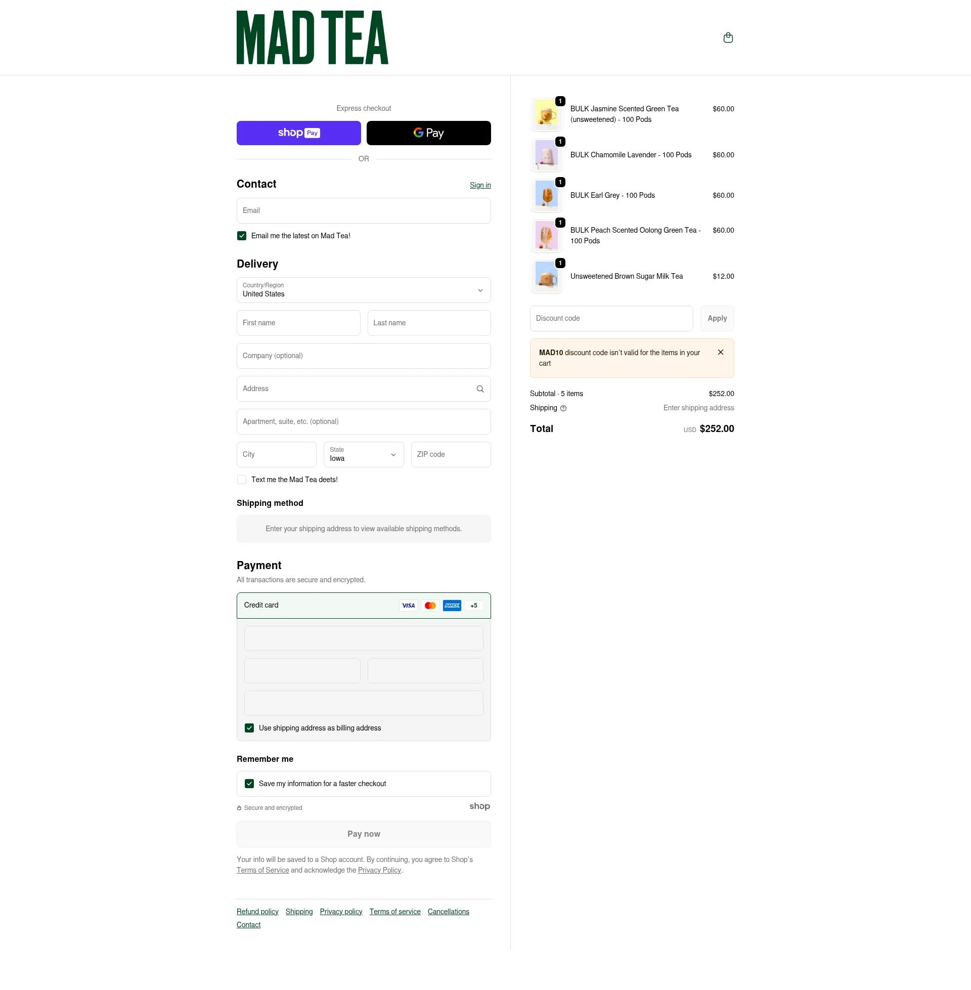 MAD TEA checkout page showing MAD TEA discount code box | Screenshot taken by SimplyCodes community member on Jan 7, 2026