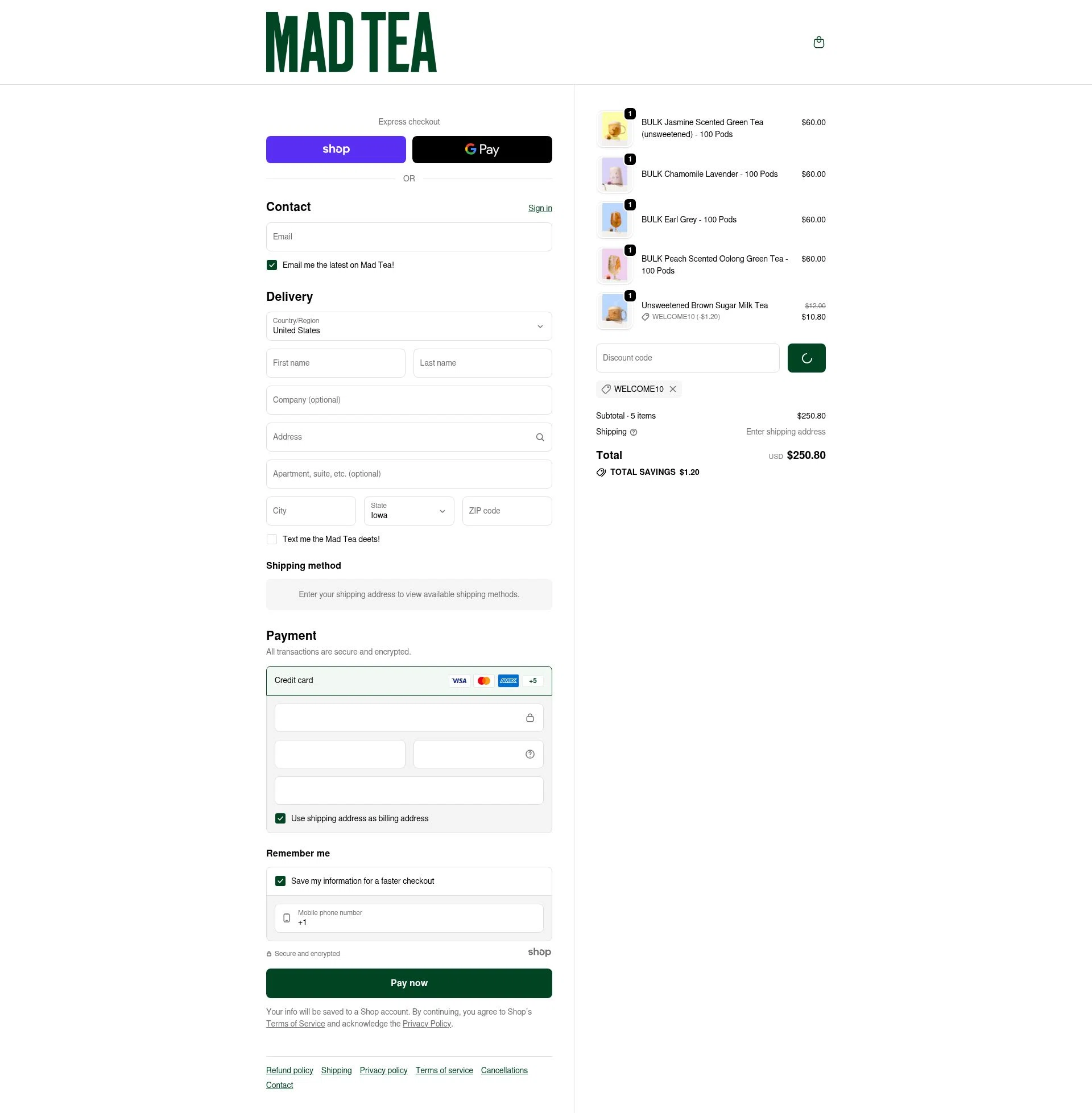 MAD TEA checkout page showing MAD TEA discount code box | Screenshot taken by SimplyCodes community member on Dec 23, 2025