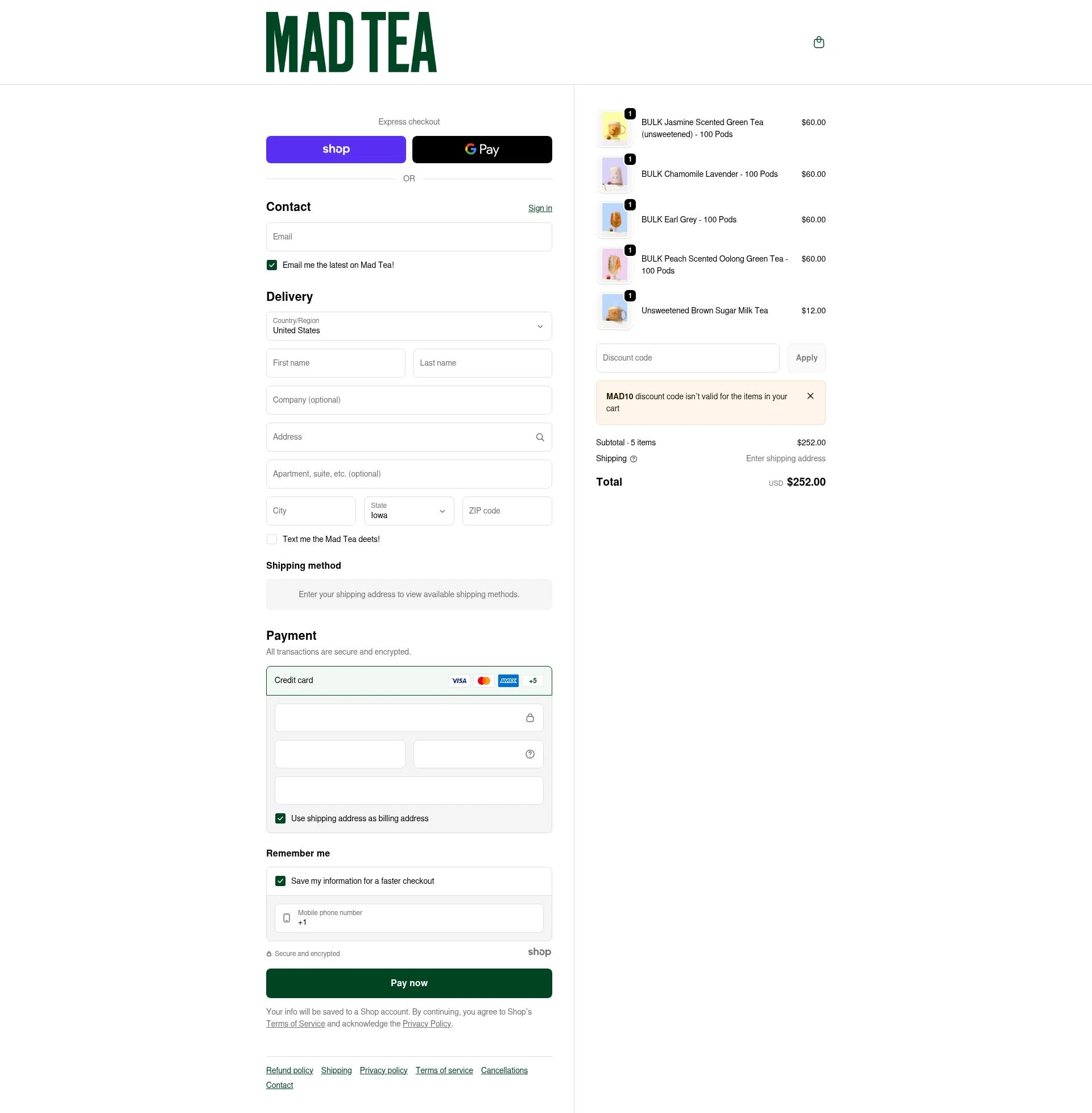 MAD TEA checkout page showing MAD TEA discount code box | Screenshot taken by SimplyCodes community member on Jan 2, 2026