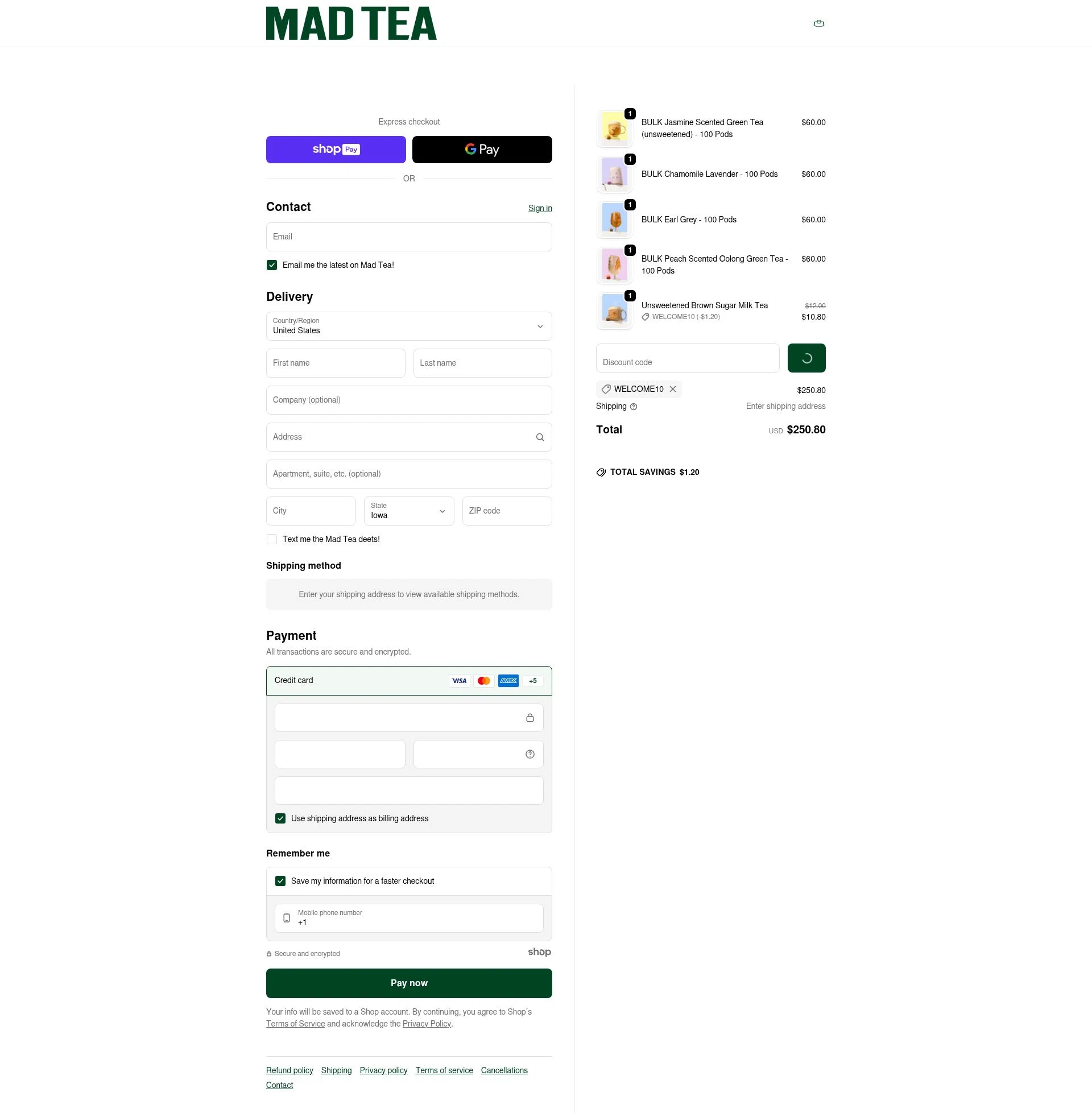 MAD TEA checkout page showing MAD TEA discount code box | Screenshot taken by SimplyCodes community member on Jan 7, 2026