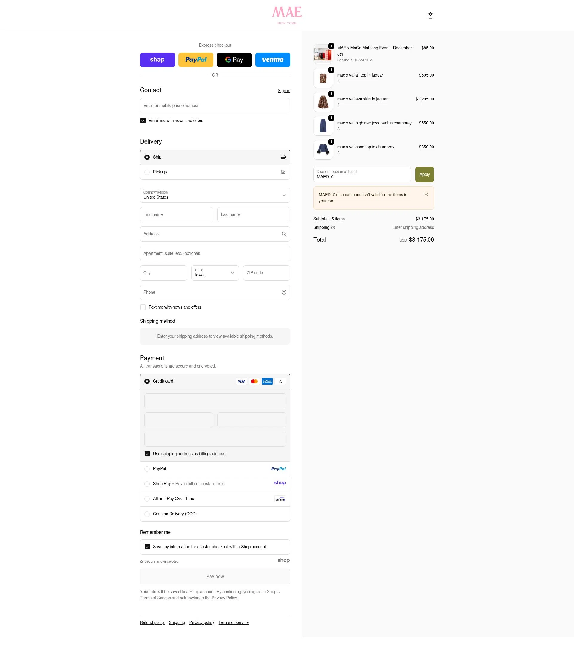 MAE'D IN NYC checkout page showing MAE'D IN NYC promo code box | Screenshot taken by SimplyCodes community member on Dec 11, 2025