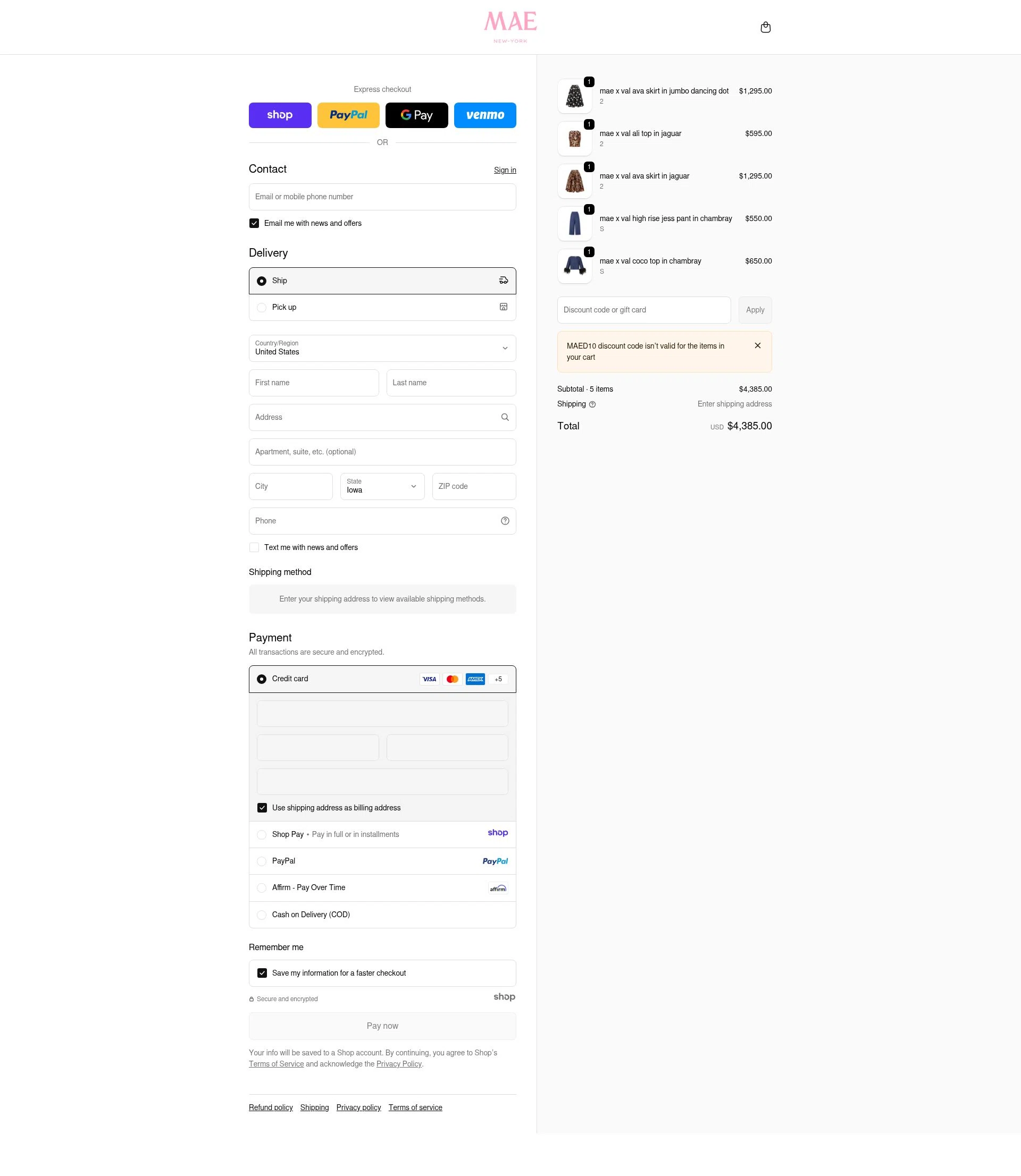 MAE'D IN NYC checkout page showing MAE'D IN NYC promo code box | Screenshot taken by SimplyCodes community member on Dec 28, 2025
