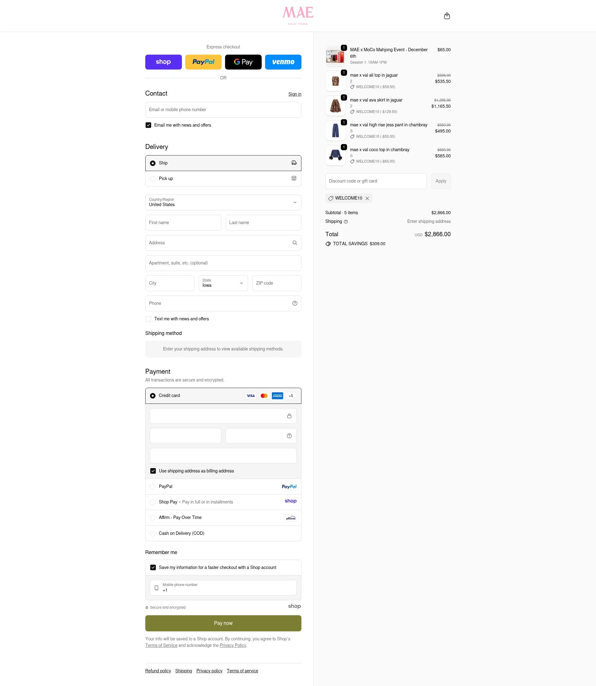 MAE'D IN NYC checkout page showing MAE'D IN NYC promo code box | Screenshot taken by SimplyCodes community member on Dec 11, 2025