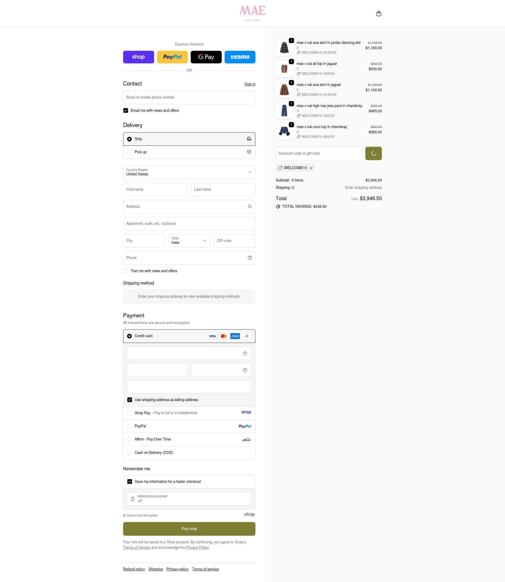 MAE'D IN NYC checkout page showing MAE'D IN NYC promo code box | Screenshot taken by SimplyCodes community member on Dec 24, 2025