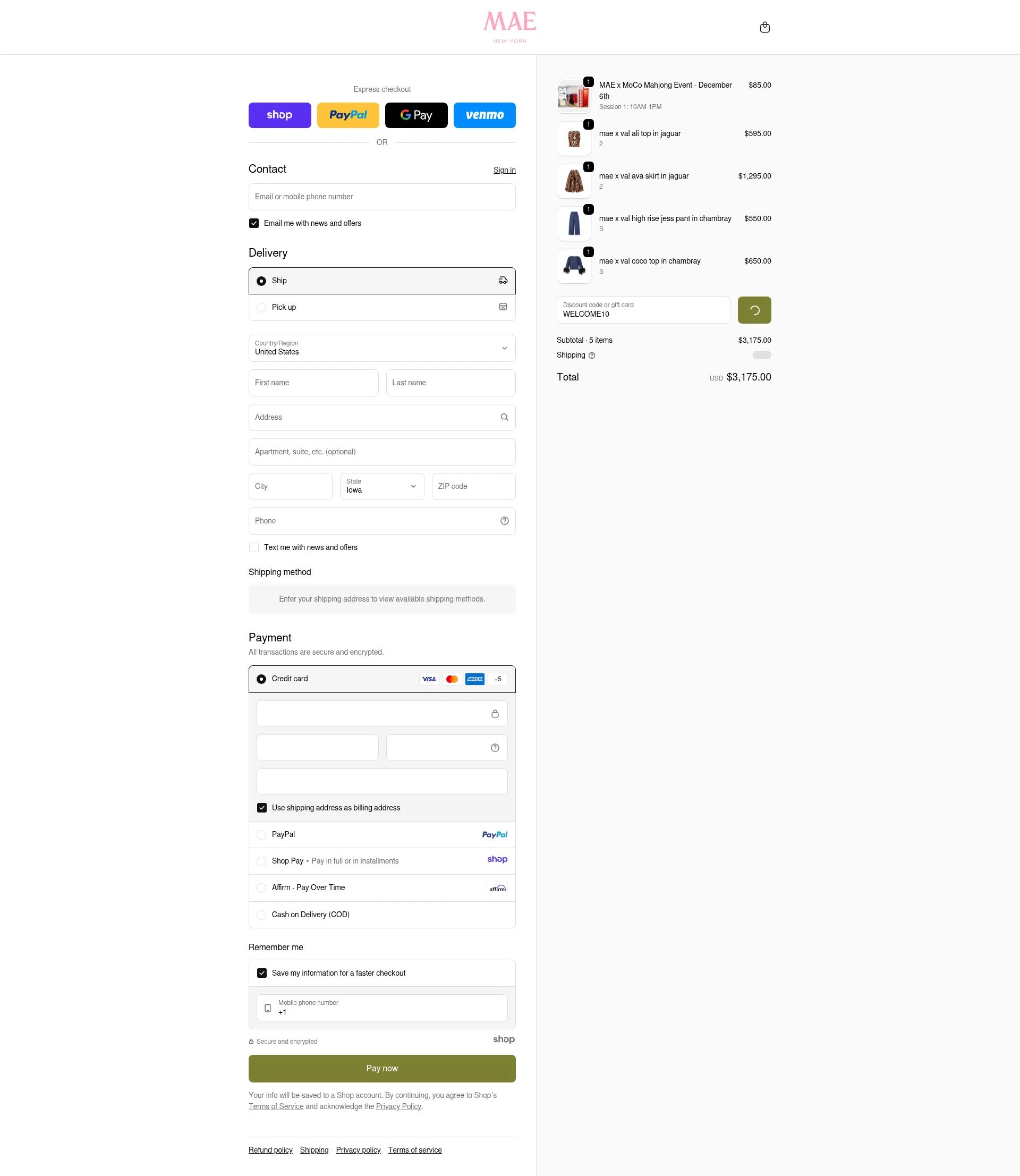 MAE'D IN NYC checkout page showing MAE'D IN NYC promo code box | Screenshot taken by SimplyCodes community member on Dec 17, 2025