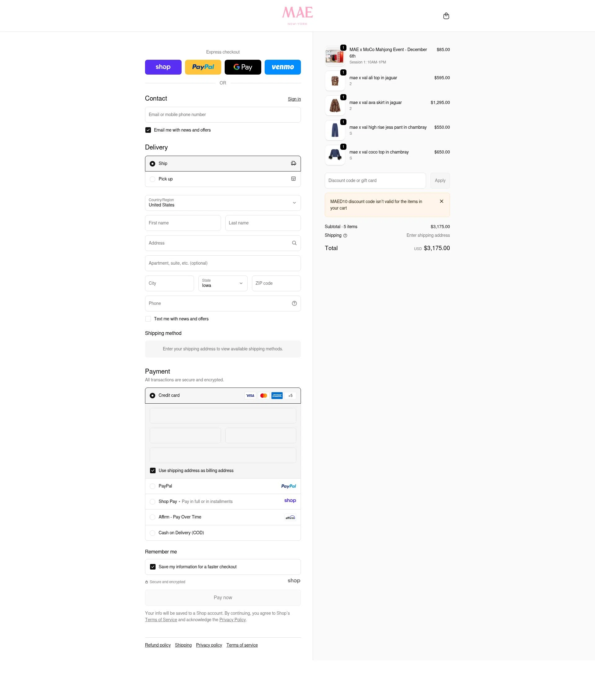 MAE'D IN NYC checkout page showing MAE'D IN NYC promo code box | Screenshot taken by SimplyCodes community member on Dec 17, 2025
