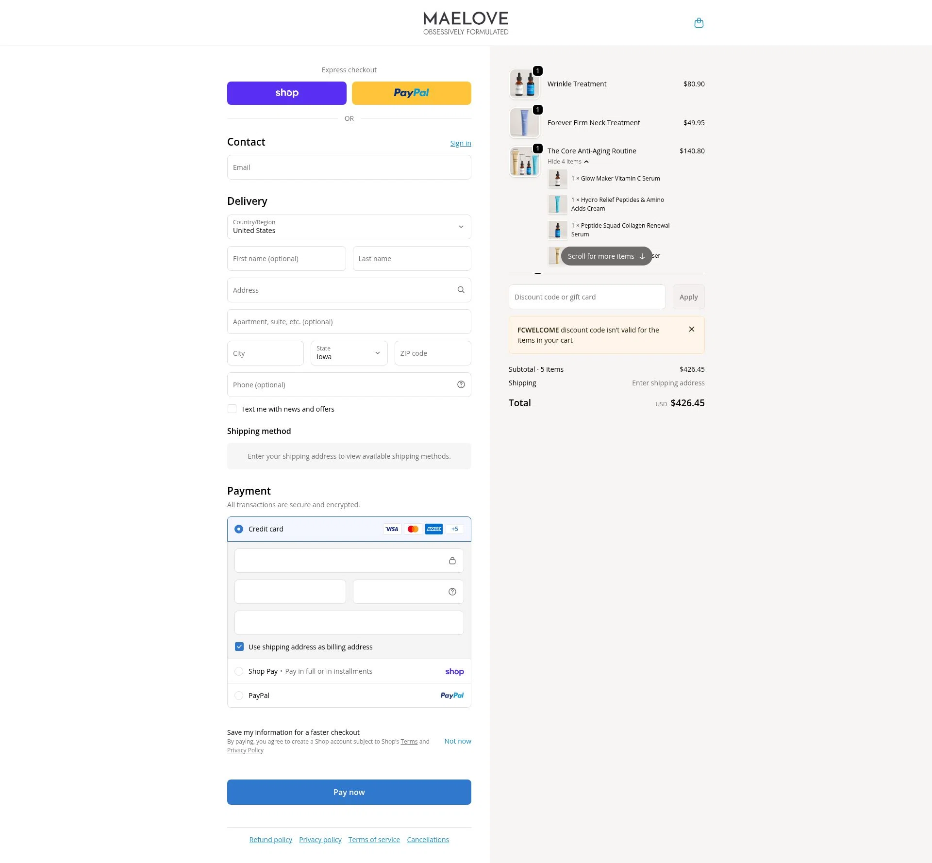 Maelove Skincare checkout page showing Maelove Skincare promo code box | Screenshot taken by SimplyCodes community member on Feb 18, 2026