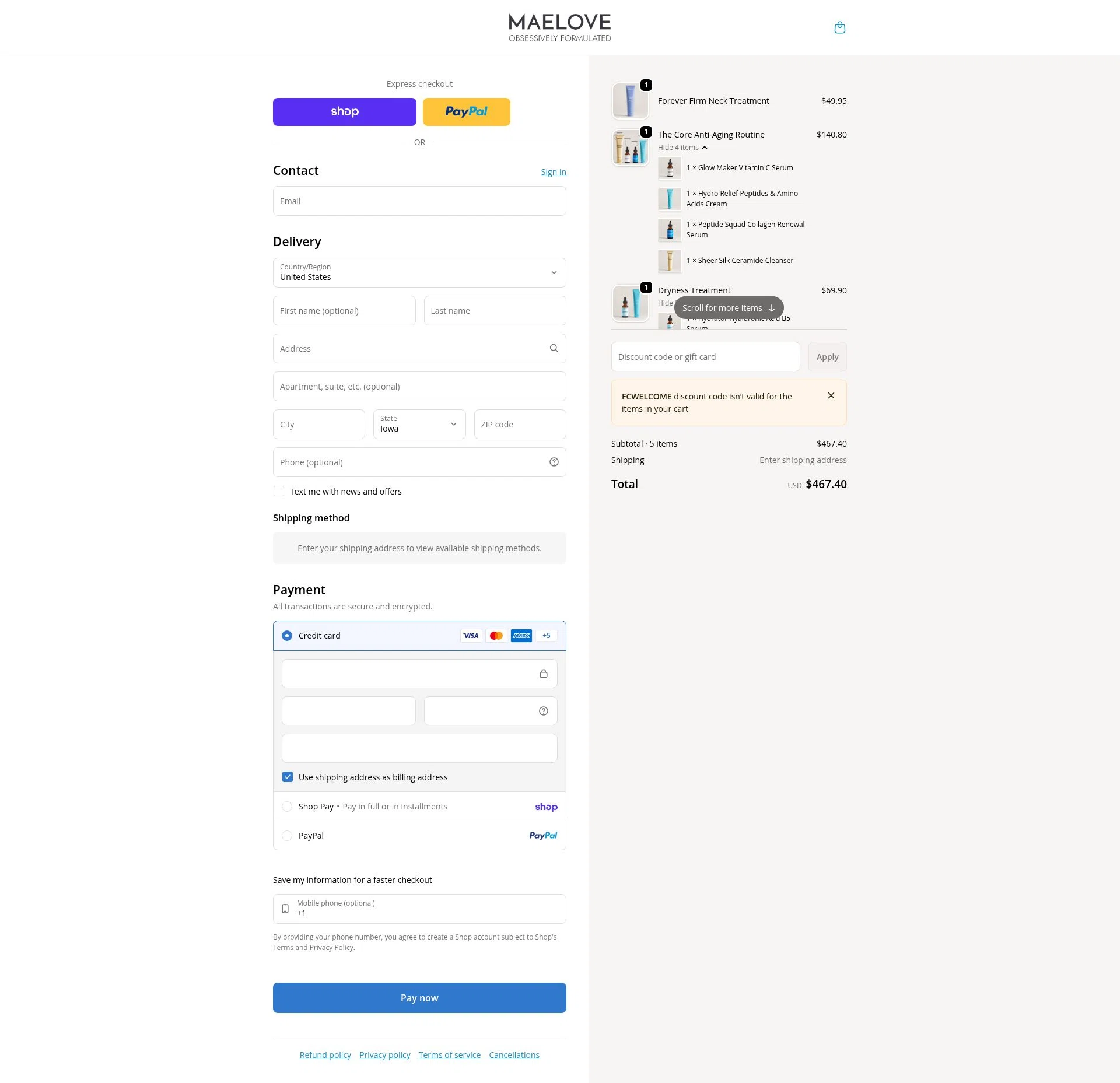 Maelove Skincare checkout page showing Maelove Skincare promo code box | Screenshot taken by SimplyCodes community member on Feb 9, 2026