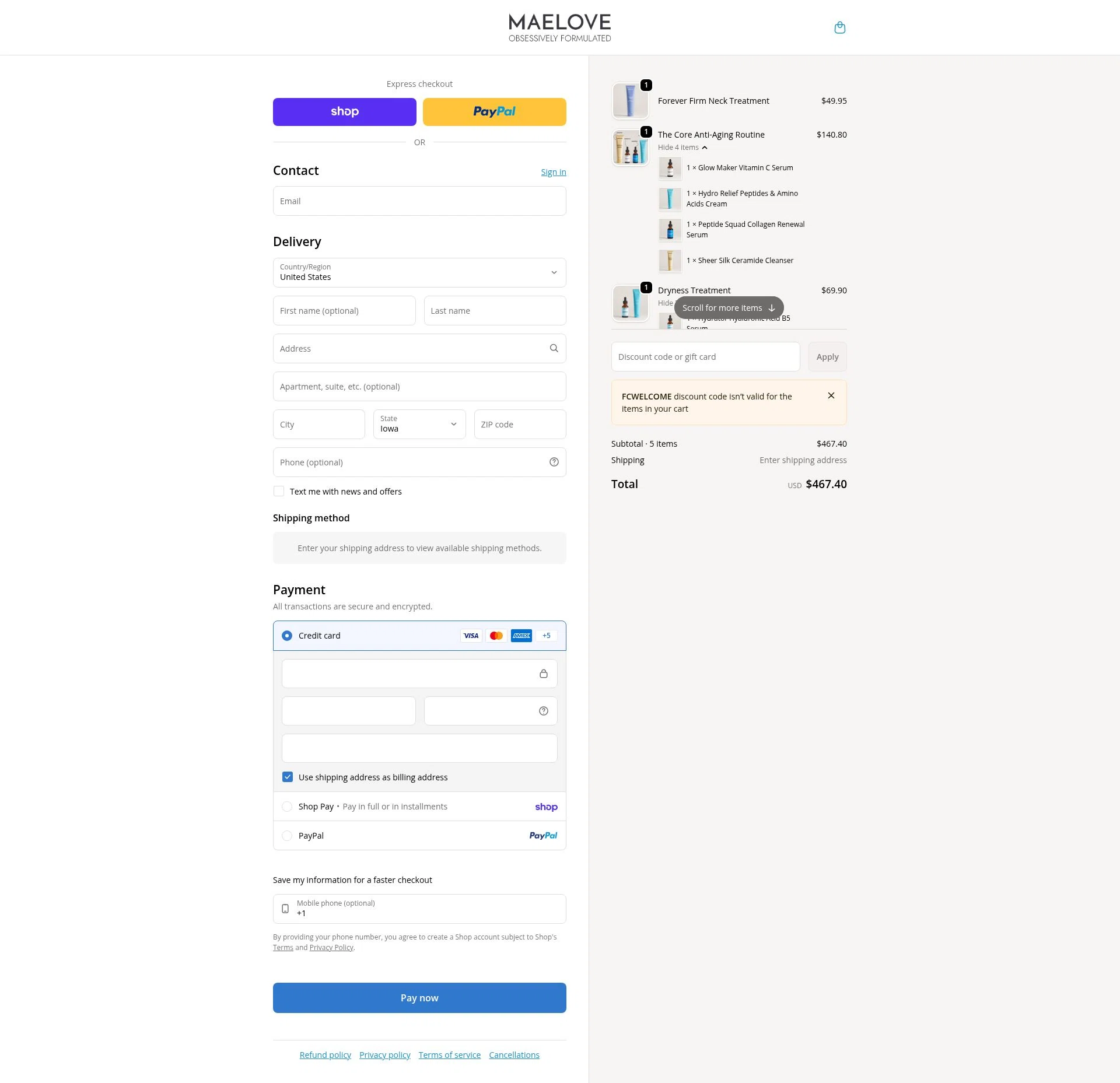 Maelove Skincare checkout page showing Maelove Skincare promo code box | Screenshot taken by SimplyCodes community member on Feb 5, 2026
