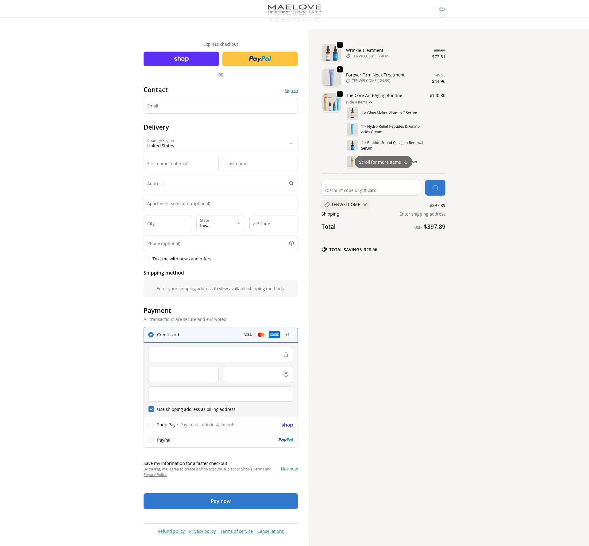 Maelove Skincare checkout page showing Maelove Skincare promo code box | Screenshot taken by SimplyCodes community member on Feb 18, 2026