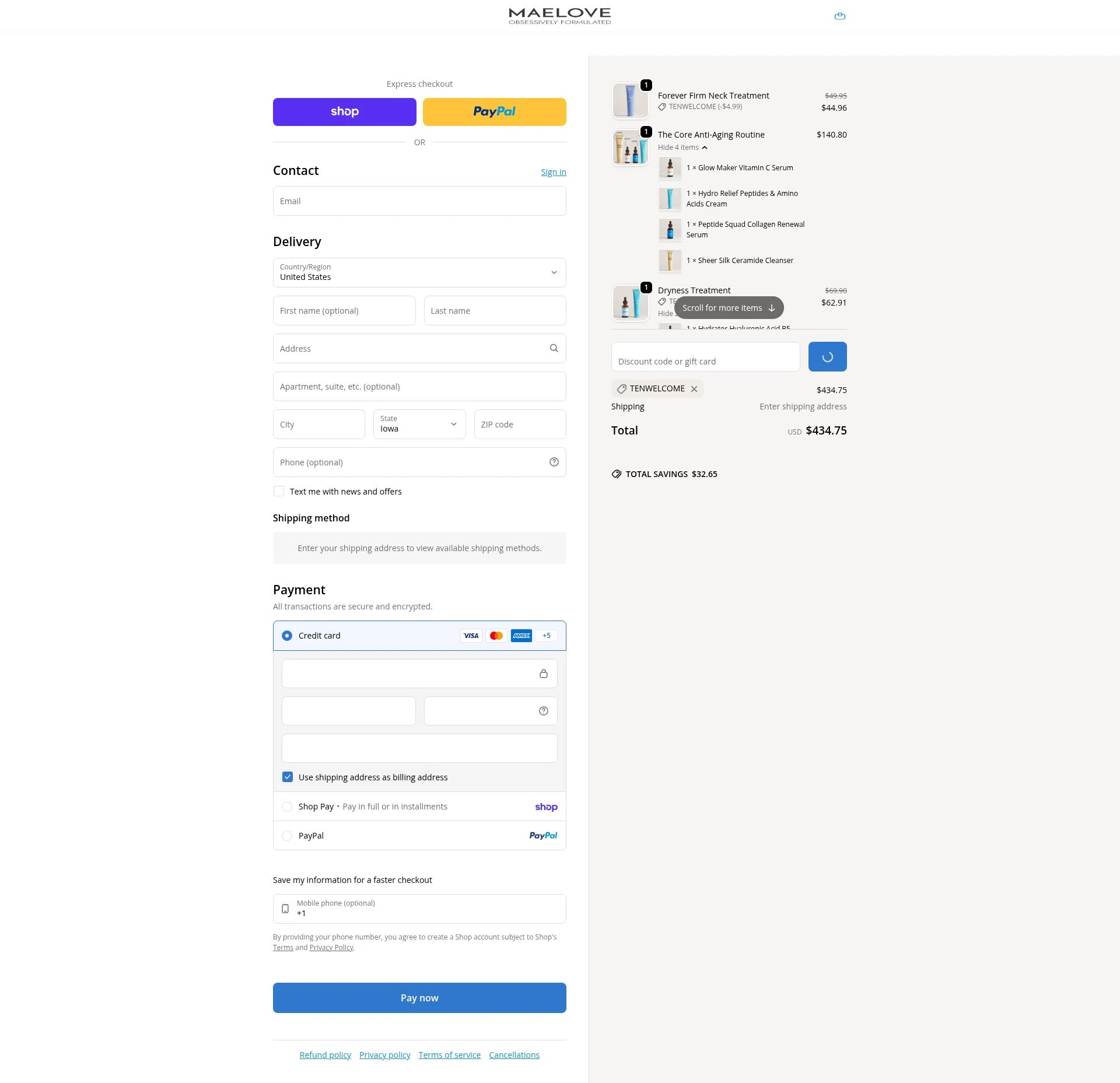 Maelove Skincare checkout page showing Maelove Skincare promo code box | Screenshot taken by SimplyCodes community member on Feb 9, 2026
