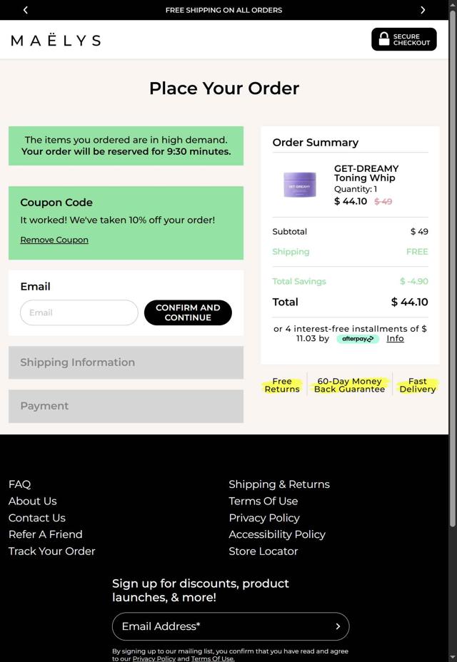 MAELYS checkout page showing MAELYS coupon code box | Screenshot taken by SimplyCodes community member on Aug 31, 2025