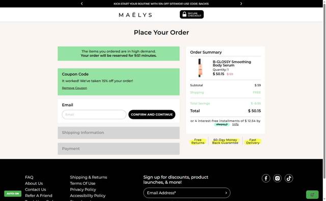 MAELYS checkout page showing MAELYS coupon code box | Screenshot taken by SimplyCodes community member on Sep 13, 2025