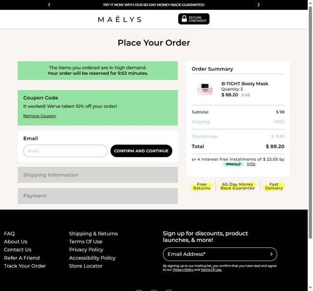 MAELYS checkout page showing MAELYS coupon code box | Screenshot taken by SimplyCodes community member on Sep 12, 2025