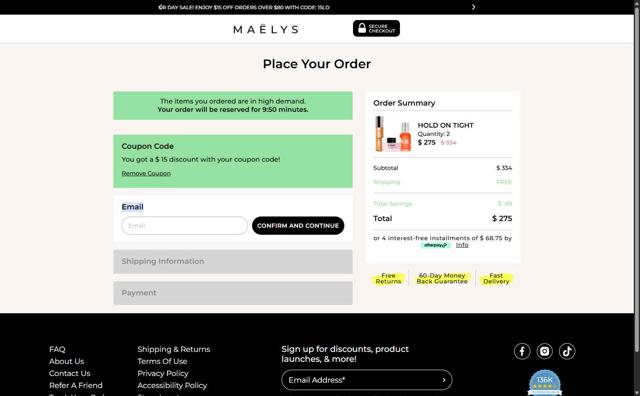 MAELYS checkout page showing MAELYS coupon code box | Screenshot taken by SimplyCodes community member on Aug 31, 2025