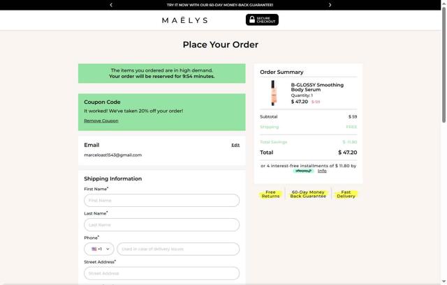 MAELYS checkout page showing MAELYS coupon code box | Screenshot taken by SimplyCodes community member on Sep 5, 2025