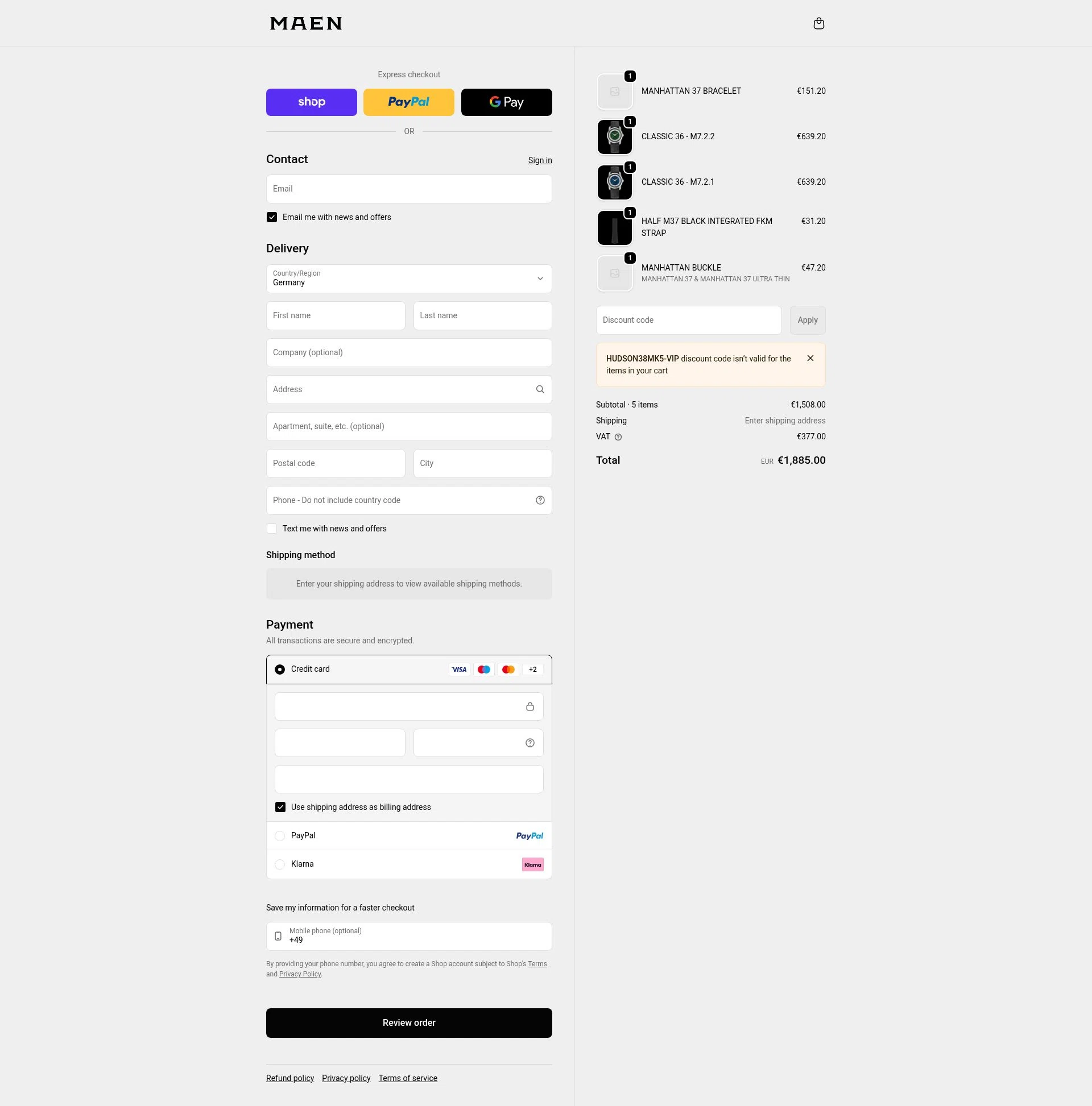 MAEN Watches checkout page showing MAEN Watches discount code box | Screenshot taken by SimplyCodes community member on Feb 16, 2026