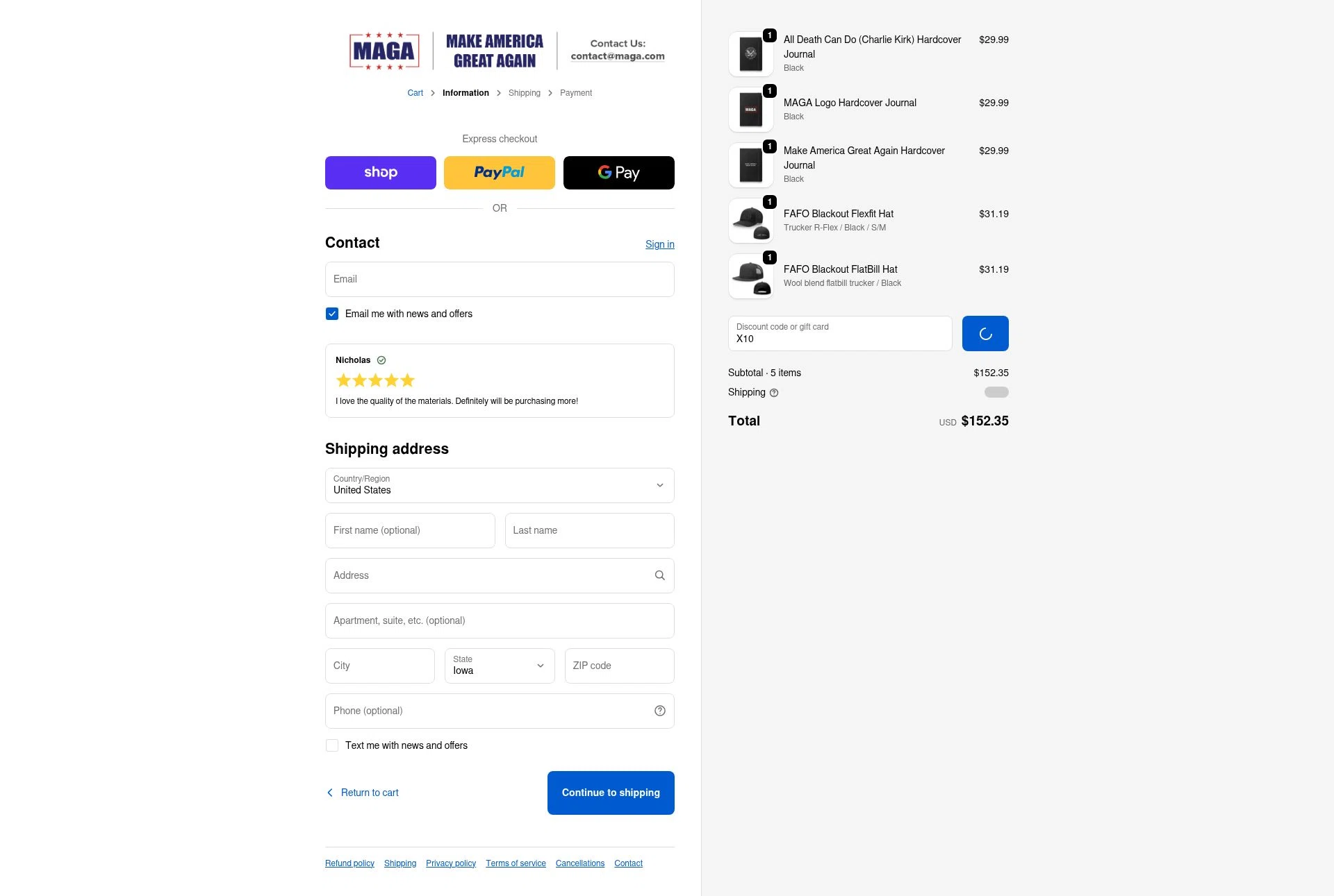 MAGA checkout page showing MAGA coupon code box | Screenshot taken by SimplyCodes community member on Feb 7, 2026