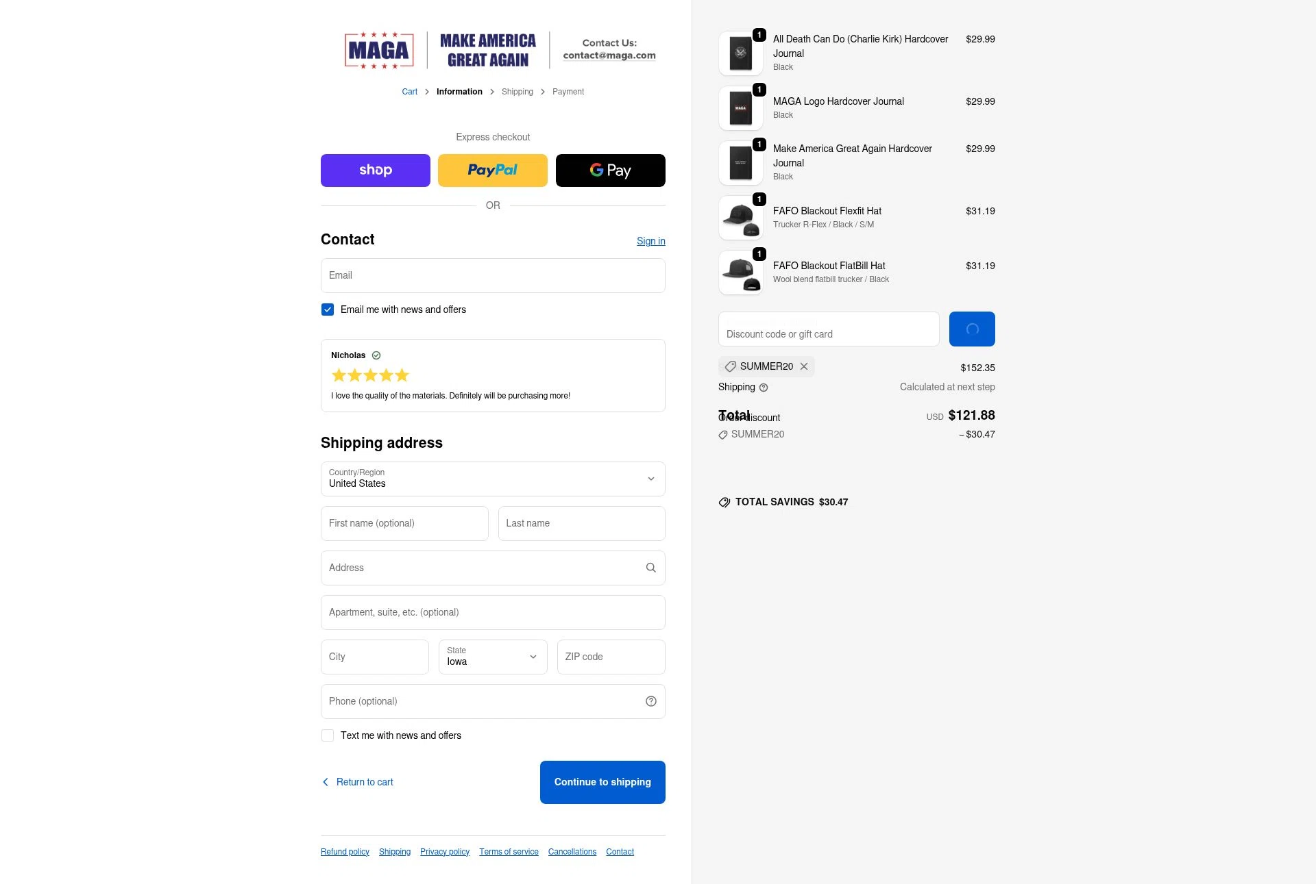 MAGA checkout page showing MAGA coupon code box | Screenshot taken by SimplyCodes community member on Feb 7, 2026