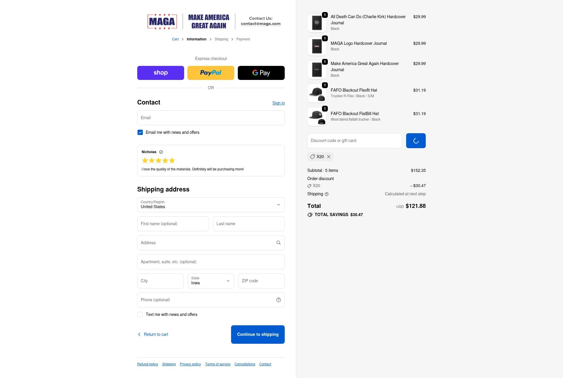 MAGA checkout page showing MAGA coupon code box | Screenshot taken by SimplyCodes community member on Feb 7, 2026