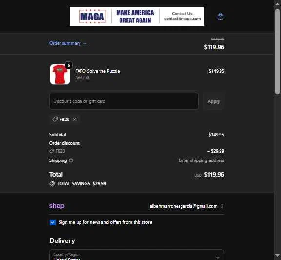 MAGA checkout page showing MAGA coupon code box | Screenshot taken by SimplyCodes community member on Feb 7, 2026