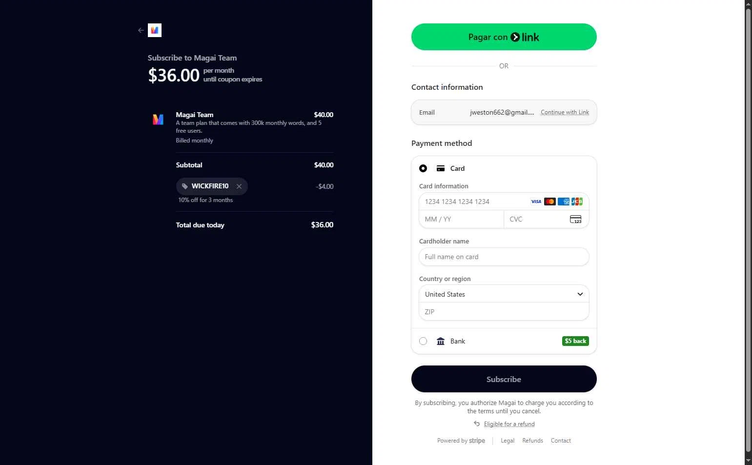 Magai checkout page showing Magai promo code box | Screenshot taken by SimplyCodes community member on Jan 31, 2026