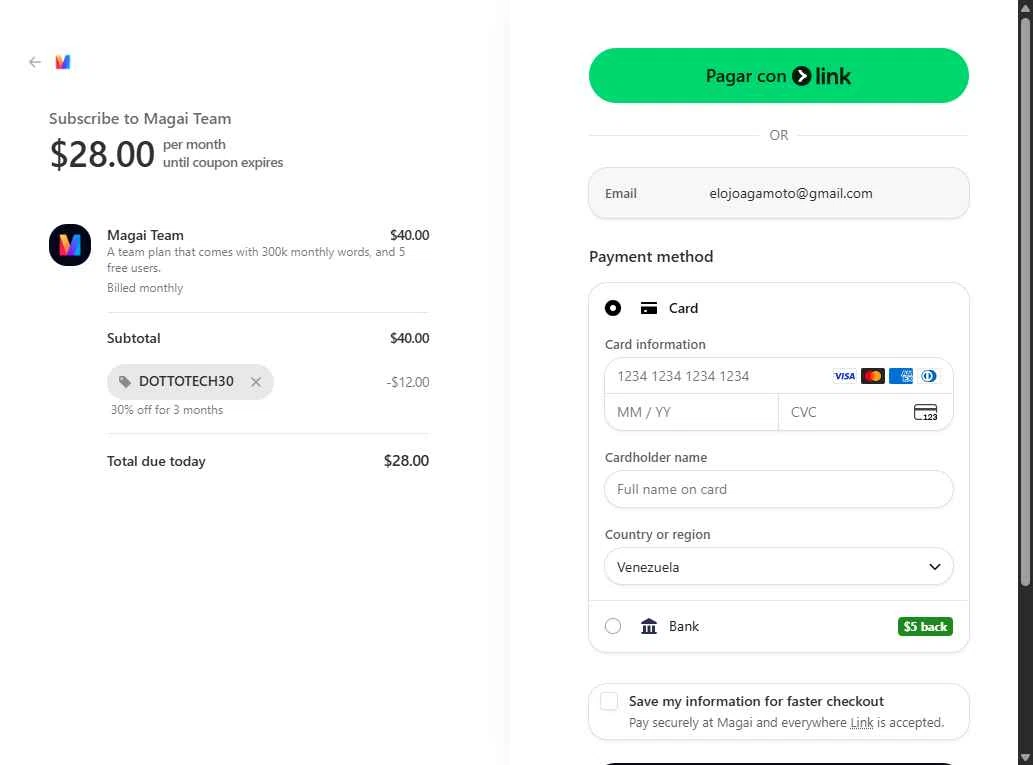 Magai checkout page showing Magai promo code box | Screenshot taken by SimplyCodes community member on Dec 4, 2025