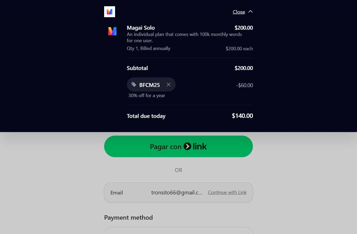 Magai checkout page showing Magai promo code box | Screenshot taken by SimplyCodes community member on Jan 31, 2026
