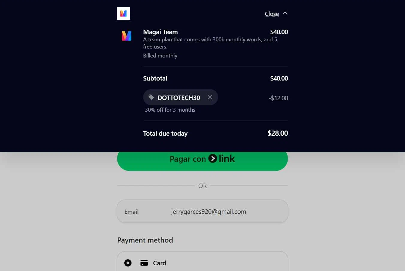 Magai checkout page showing Magai promo code box | Screenshot taken by SimplyCodes community member on Jan 31, 2026