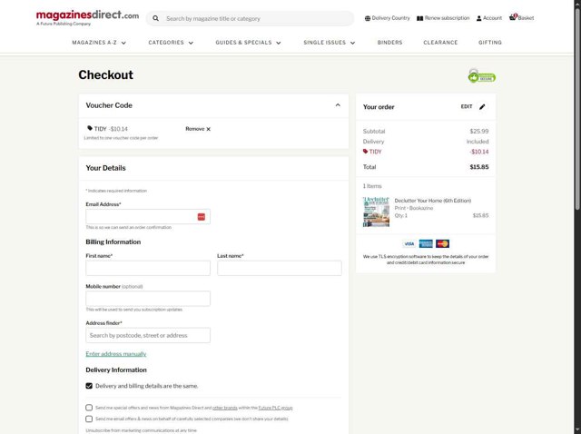Magazines Direct checkout page showing Magazines Direct promo code box | Screenshot taken by SimplyCodes community member on Aug 26, 2025